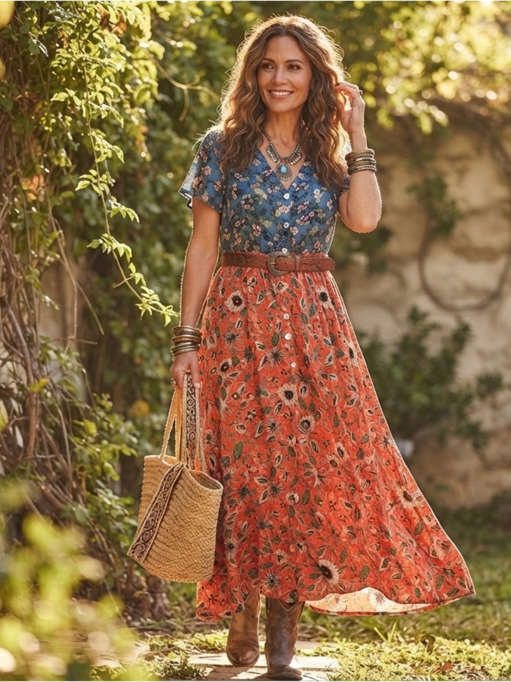 NATURAL LIFE Teal & Orange Floral V-Neck Maxi Dress EUC